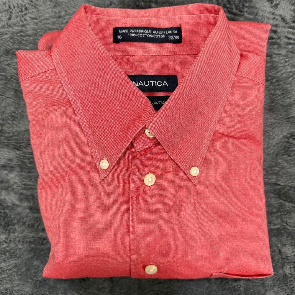 Nautica Vintage Oxford Shirt Mens 16 32/33 Salmon Red Button Down Long Sleeve